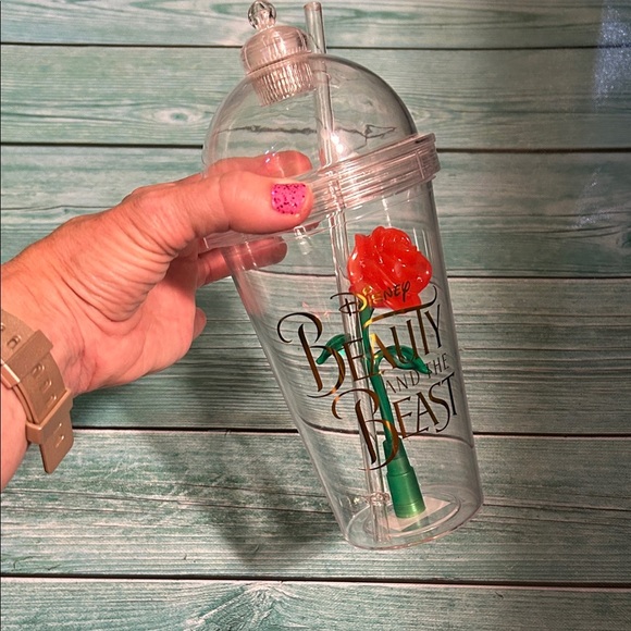 Disney Beauty and the Beast Clear Cup with Red Rose - Picture 1 of 6